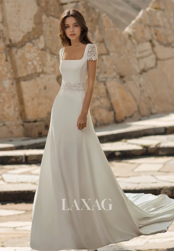 Square-Neck Lace Short-Sleeves Fitted Wedding Dress Applique Cutout Satin Bride Gowns with Train Square-Neck Lace Short-Sleeves Fitted Wedding Dress Applique Cutout Satin Bride Gowns with Train