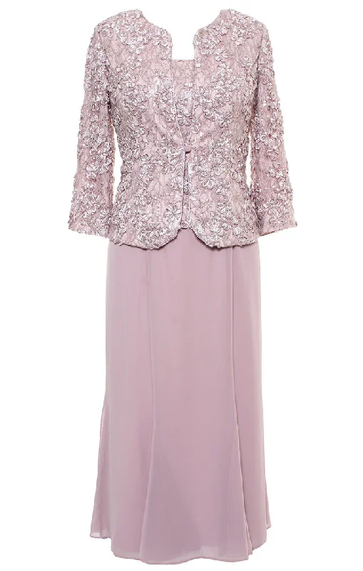 Tea Length Soutache Dress with Center Front Button Jacket and Chiffon Skirt