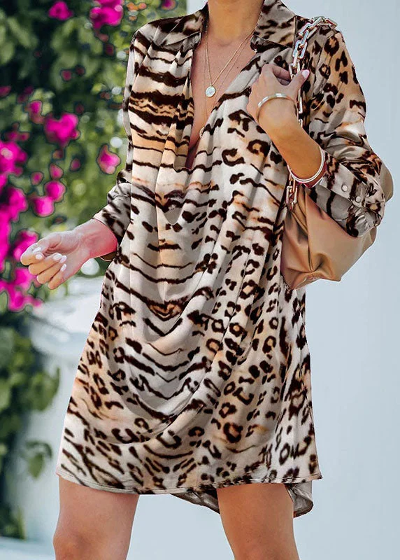 Casual Peter Pan Collar Asymmetrical Design Leopard Print Chiffon Mid Dress Long Sleeve Casual Peter Pan Collar Asymmetrical Design Leopard Print Chiffon Mid Dress Long Sleeve