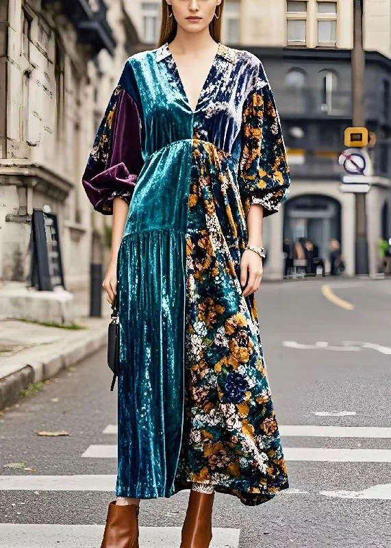 Plus Size Colorblock V Neck Patchwork Silk Velvet Maxi Dresses Spring