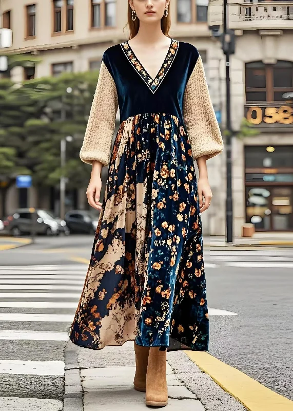 Bohemian V Neck Patchwork Print Silk Velvet Maxi Dresses Spring