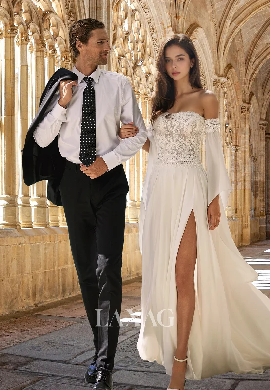 Tube Top Off-Shoulder Long-Sleeves Tulle Bride Gowns Pleated Lace Applique A-Line Wedding Dress Tube Top Off-Shoulder Long-Sleeves Tulle Bride Gowns Pleated Lace Applique A-Line Wedding Dress