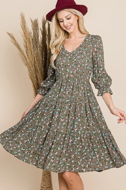 OLIVE FLORAL PRINT TIERED HIGH WAIST WOVEN MIDI DRESS RJS3132