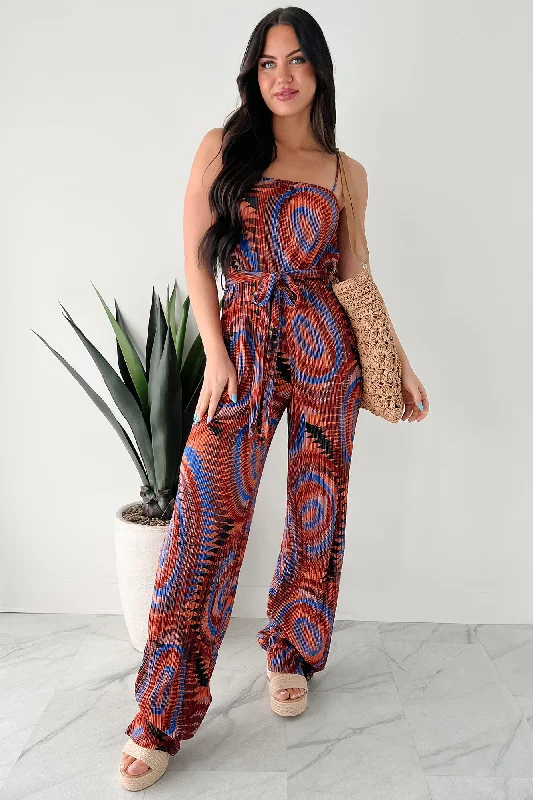 Turn Up The Volume Pleated Wide Leg Jumpsuit (Brick/Royal Blue)