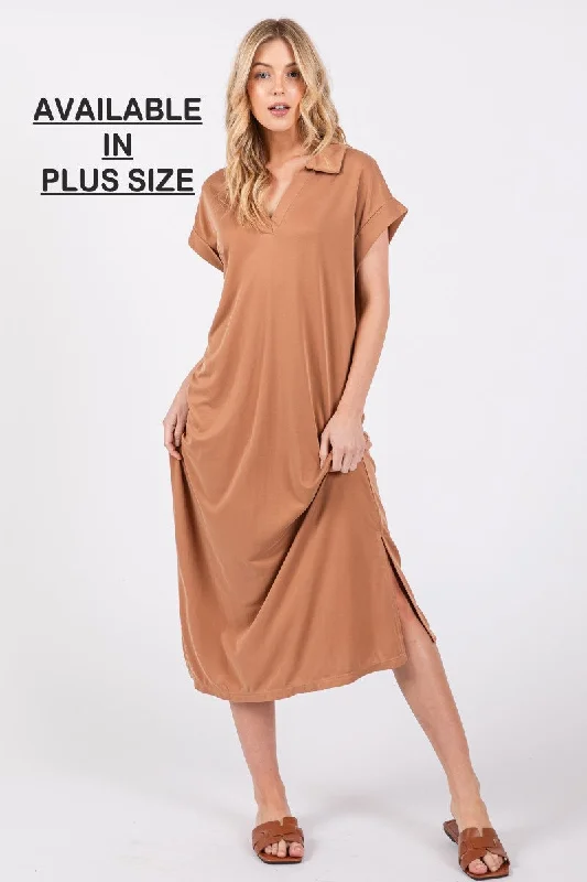 MOCHA COLLARED ROLL-UP SHORT SLEEVES PLUS SIZE MIDI DRESS PDC50716SA