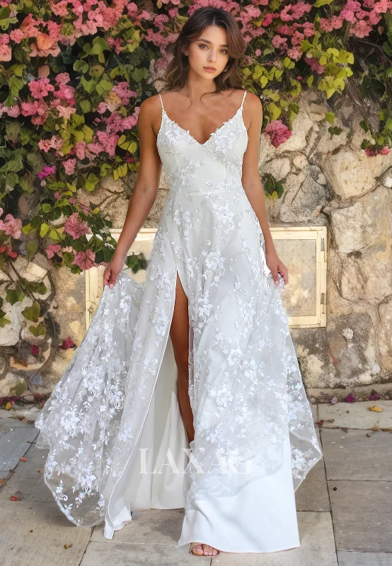 A-Line Spaghetti Straps Lace Sleek Satin High Slit Wedding Dress with Train