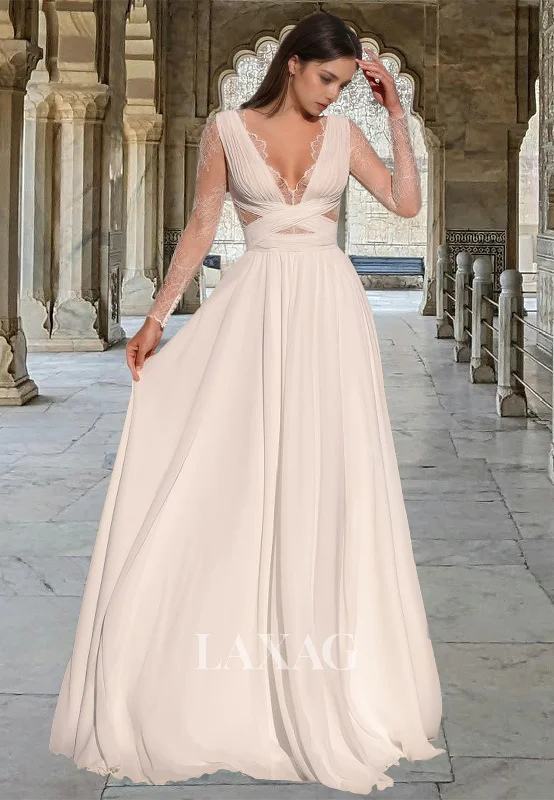 Lace Long-Sleeves Deep V-Neck Pleated Bride Gowns Pleated Cutout Chiffon A-Line Wedding Dress Lace Long-Sleeves Deep V-Neck Pleated Bride Gowns Pleated Cutout Chiffon A-Line Wedding Dress
