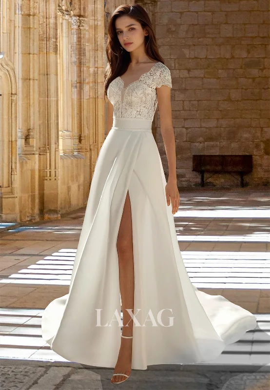 Lace Applique Pleated Cutout Bride Gowns V-Neck Cap-Sleeves Chiffon A-Line Wedding Dress with High Slit Lace Applique Pleated Cutout Bride Gowns V-Neck Cap-Sleeves Chiffon A-Line Wedding Dress with High Slit
