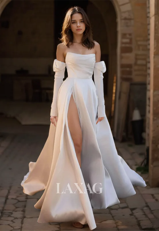 Long-Sleeves Pleated Tube Top Off-Shoulder Bride Gowns High Slit Sweep Train A-Line Wedding Dress Long-Sleeves Pleated Tube Top Off-Shoulder Bride Gowns High Slit Sweep Train A-Line Wedding Dress