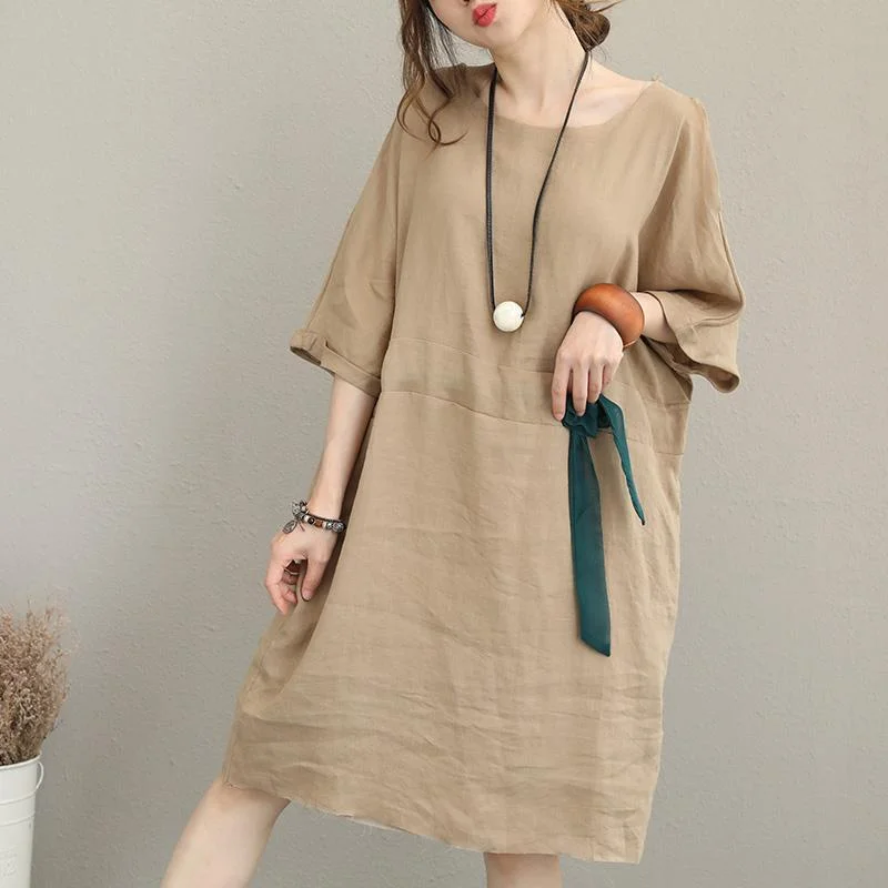 boutique khaki pure linen dress Loose fitting linen clothing dresses Elegant waist drawstring bracelet sleeved midi dress boutique khaki pure linen dress Loose fitting linen clothing dresses Elegant waist drawstring bracelet sleeved midi dress