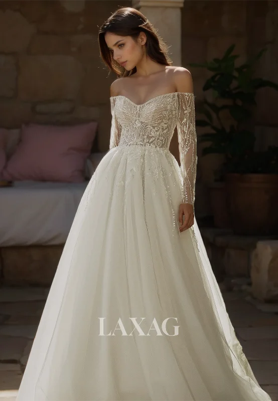 Sweetheart Long-Sleeves Tulle Bride Gowns Beaded Applique Cutout A-Line Wedding Dress Sweetheart Long-Sleeves Tulle Bride Gowns Beaded Applique Cutout A-Line Wedding Dress