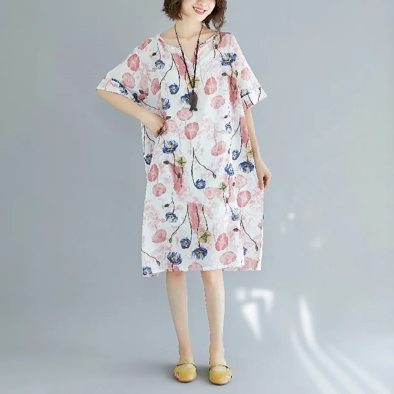 2025 pink Midi cotton dresses trendy plus size cotton dress Elegant short sleeve v neck floral cotton clothing dress 2025 pink Midi cotton dresses trendy plus size cotton dress Elegant short sleeve v neck floral cotton clothing dress