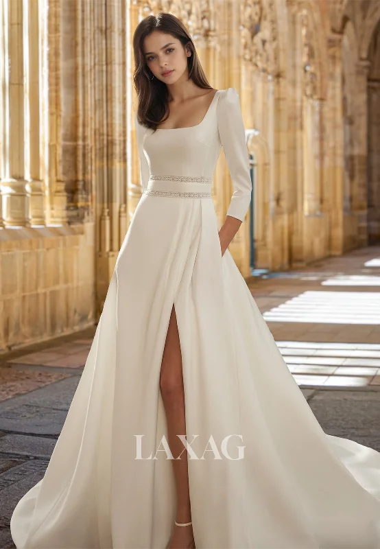 Square-Neck Long-Sleeves Beaded Pleated Train Satin A-Line Wedding Dress with High Slit Square-Neck Long-Sleeves Beaded Pleated Train Satin A-Line Wedding Dress with High Slit