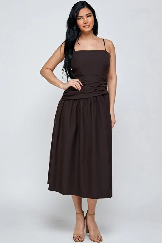 TAN RUCHED SPAGHETTI STRAP A-LINE SWING MIDI DRESS ARD736