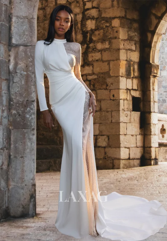 High Scoop-Neck Long-Sleeves Mermaid Wedding Dress Beaded Pleated Sweep Train Bride Gowns High Scoop-Neck Long-Sleeves Mermaid Wedding Dress Beaded Pleated Sweep Train Bride Gowns