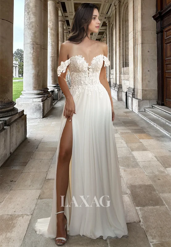 Sweetheart Sleeveless Chiffon A-Line Wedding Dress Foliage Motif Applique Bride Gowns with High Slit Sweetheart Sleeveless Chiffon A-Line Wedding Dress Foliage Motif Applique Bride Gowns with High Slit
