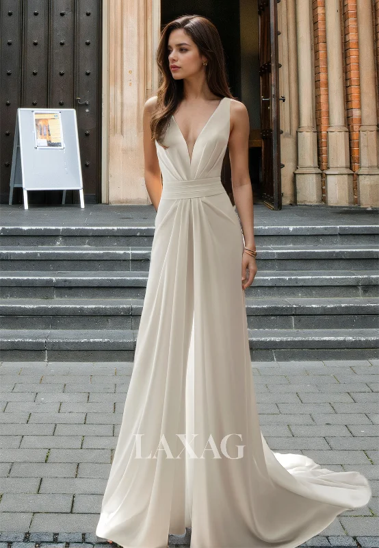 Simple Straps Deep V-Neck Sleeveless A-Line Wedding Dress Off-Shoulder Pleated Chiffon Bride Gowns Simple Straps Deep V-Neck Sleeveless A-Line Wedding Dress Off-Shoulder Pleated Chiffon Bride Gowns