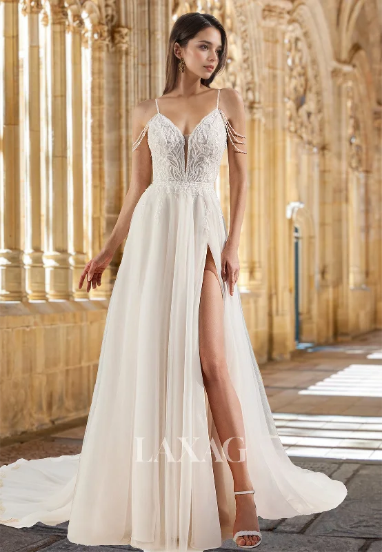 Spaghetti Straps Off-Shoulder Sleeveless Bride Gowns Deep V-Neck Beaded Applique A-Line Wedding Dress Spaghetti Straps Off-Shoulder Sleeveless Bride Gowns Deep V-Neck Beaded Applique A-Line Wedding Dress