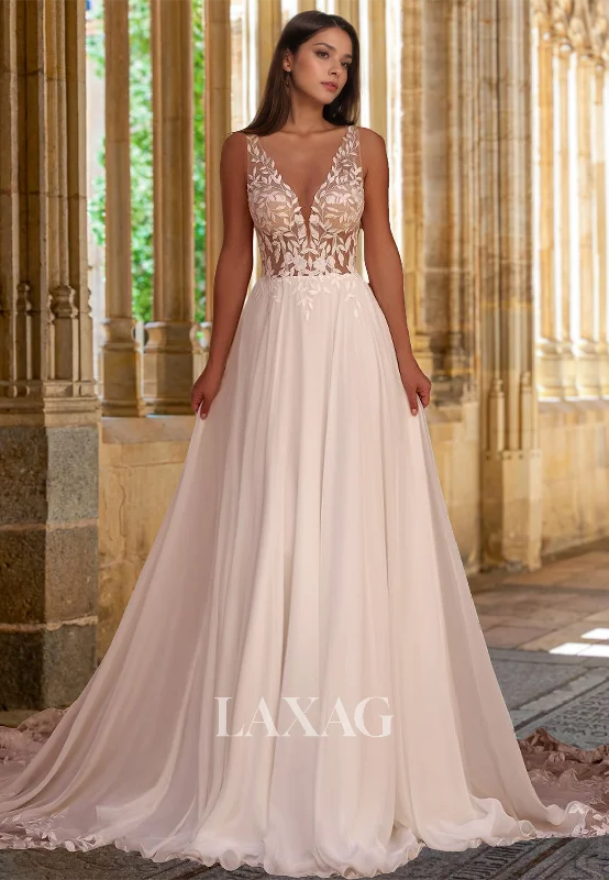 Off-Shoulder Deep V-Neck Pleated Chiffon Bride Gowns Spaghetti Straps Applique A-Line Wedding Dress Off-Shoulder Deep V-Neck Pleated Chiffon Bride Gowns Spaghetti Straps Applique A-Line Wedding Dress