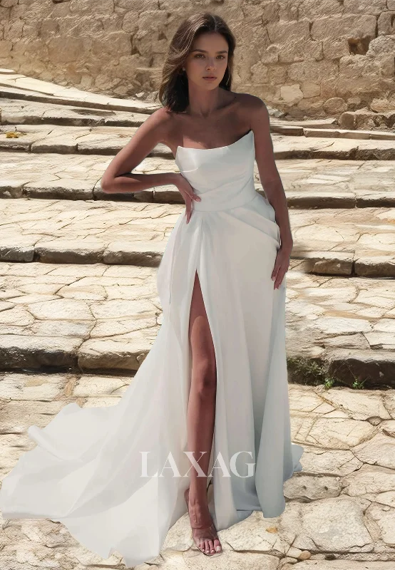 Off-Shoulder Scoop-Neck Fitted Wedding Dress Sleeveless Pleated Satin Bride Gowns with High Slit Off-Shoulder Scoop-Neck Fitted Wedding Dress Sleeveless Pleated Satin Bride Gowns with High Slit