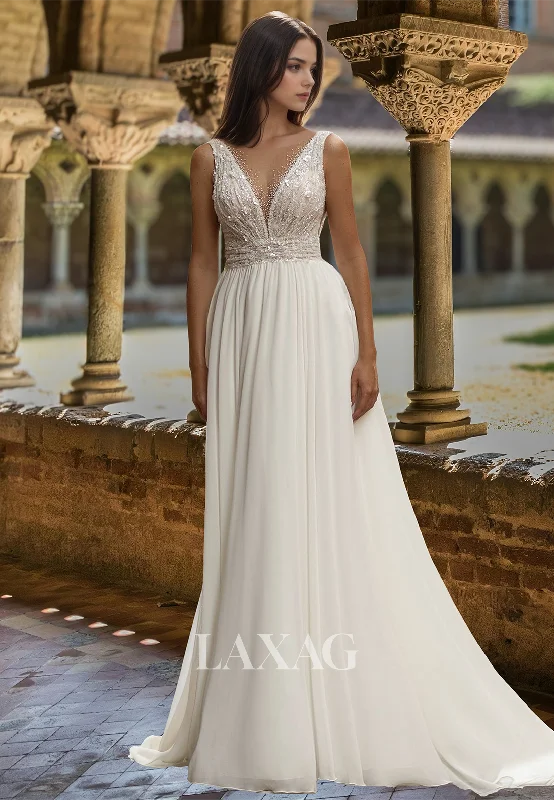 Straps Deep V-Neck Sleeveless A-Line Wedding Dress Off-Shoulder Floral Embossed Beaded Pleated Bride Gowns Straps Deep V-Neck Sleeveless A-Line Wedding Dress Off-Shoulder Floral Embossed Beaded Pleated Bride Gowns