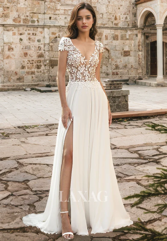 A-Line Short-Sleeves Floral Embellished Wedding Dress Deep V-Neck Cutout Bride Gowns with High Slit A-Line Short-Sleeves Floral Embellished Wedding Dress Deep V-Neck Cutout Bride Gowns with High Slit