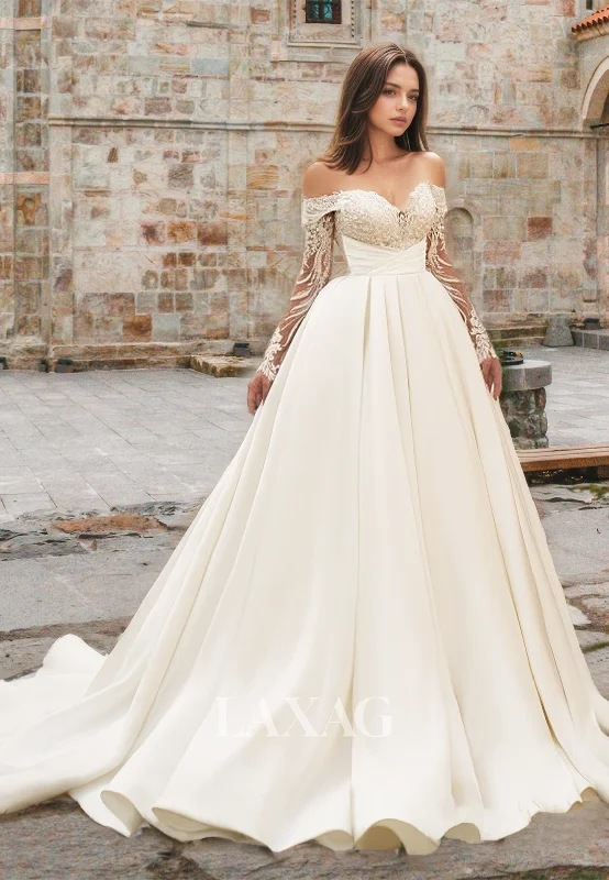 Sweetheart Lace Long-Sleeves Beaded Applique Bride Gowns Off-Shoulder Pleated Satin A-Line Wedding Dress Sweetheart Lace Long-Sleeves Beaded Applique Bride Gowns Off-Shoulder Pleated Satin A-Line Wedding Dress