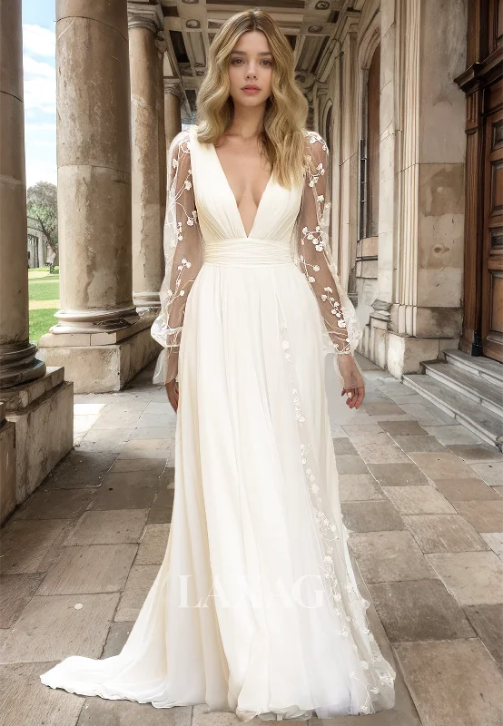 Deep V-Neck Pleated Chiffon Bride Gowns Tulle Long-Sleeves Floral Embellished A-Line Wedding Dress Deep V-Neck Pleated Chiffon Bride Gowns Tulle Long-Sleeves Floral Embellished A-Line Wedding Dress