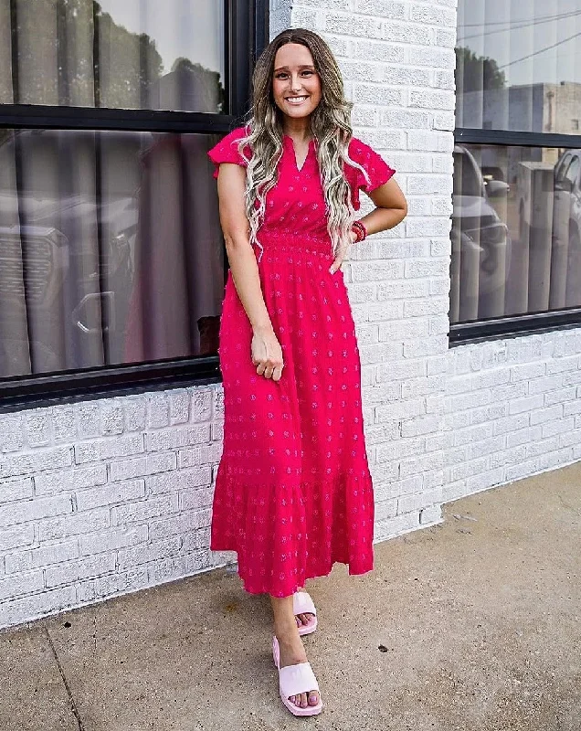 MEROKEETY Short Sleeve V Neck Swiss Dot Smocked Maxi Dress